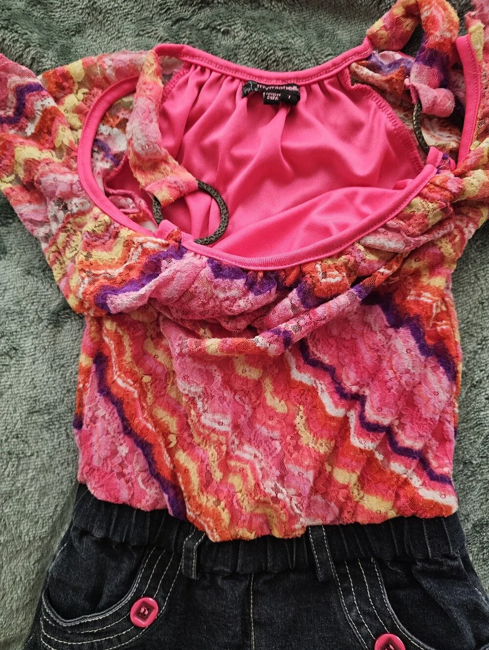 My Michelle Bright Pink Multicolor Ruffle Lace Denim Romper Suit Girls Size 7